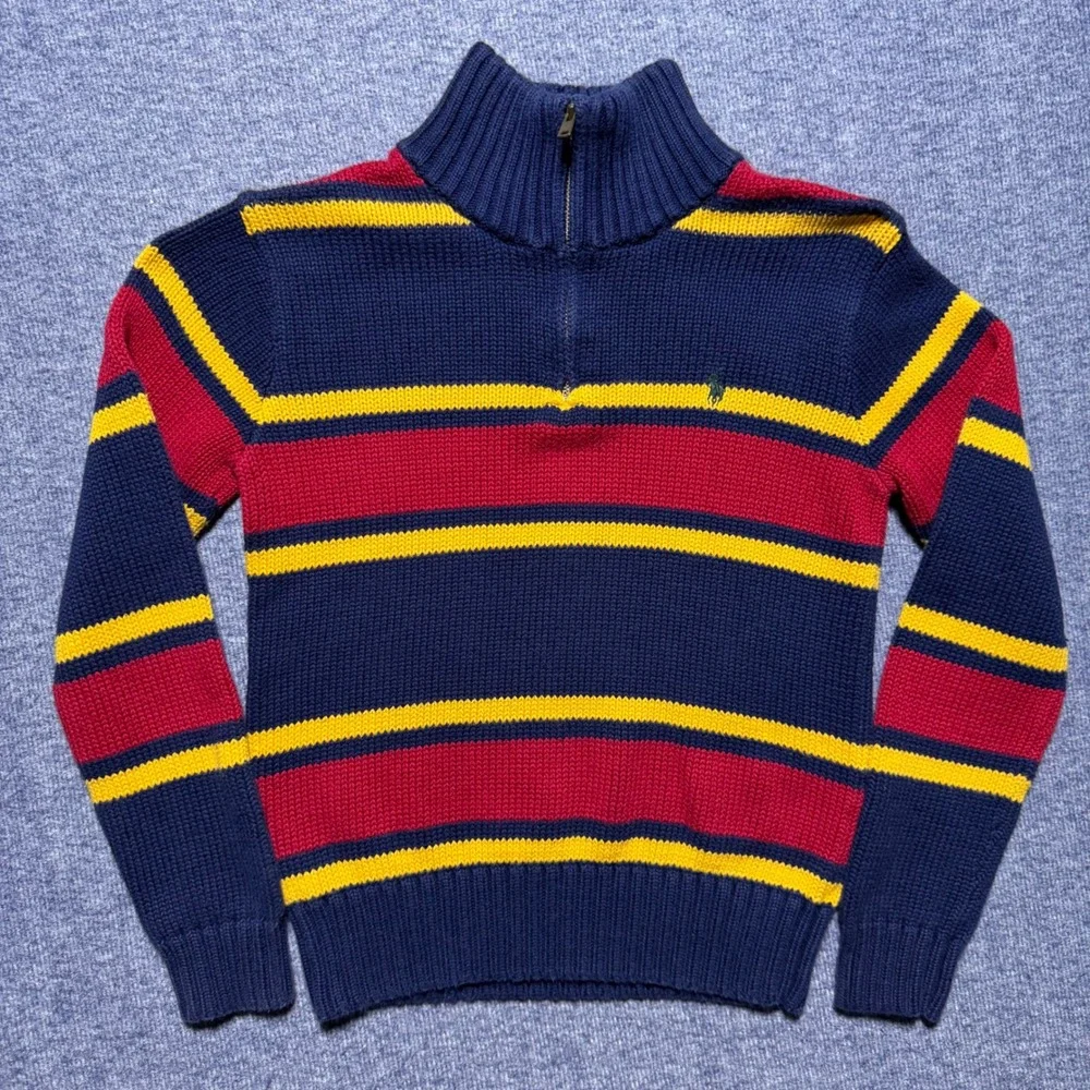 Vintage Polo Ralph Lauren Boys 7 Quarter Zip Striped Sweater Navy Red Yellow